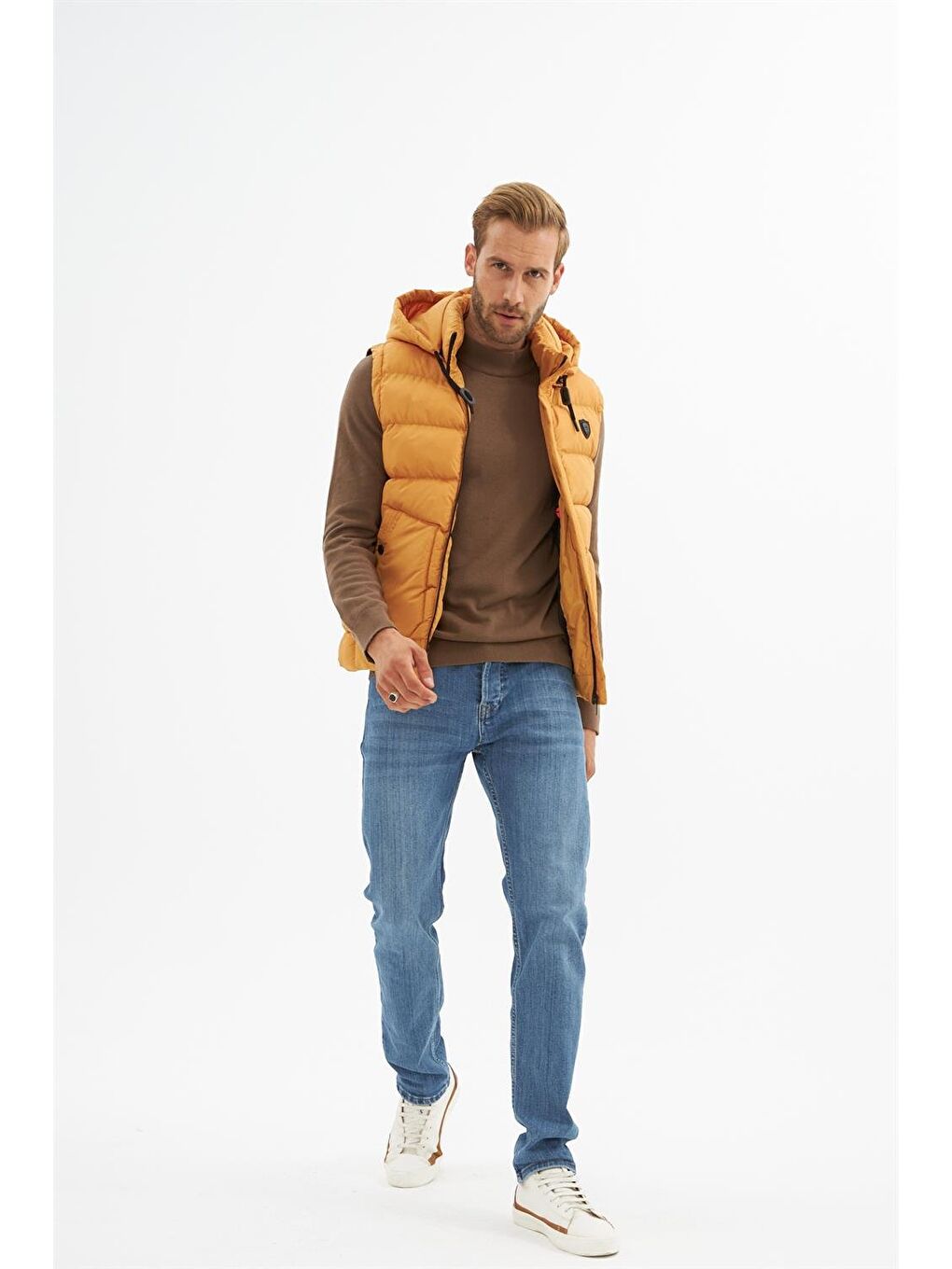 Sarı Erkek Çıkarılabilir Kapüşonlu Cep Detaylı Şişme Yelek Hardal-3