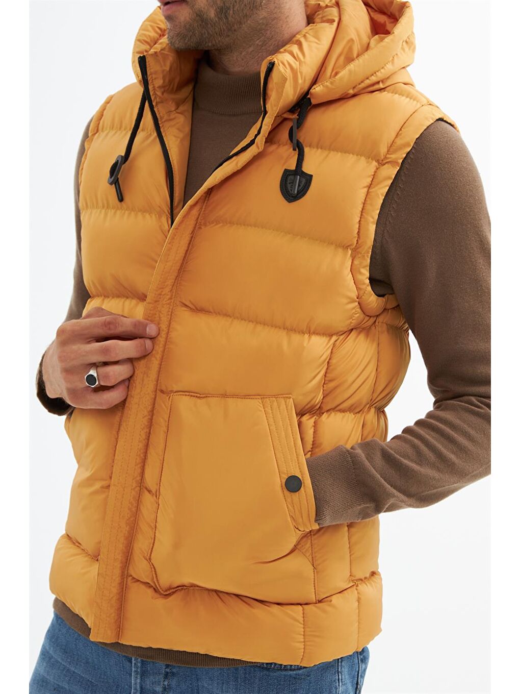 Sarı Erkek Çıkarılabilir Kapüşonlu Cep Detaylı Şişme Yelek Hardal-4