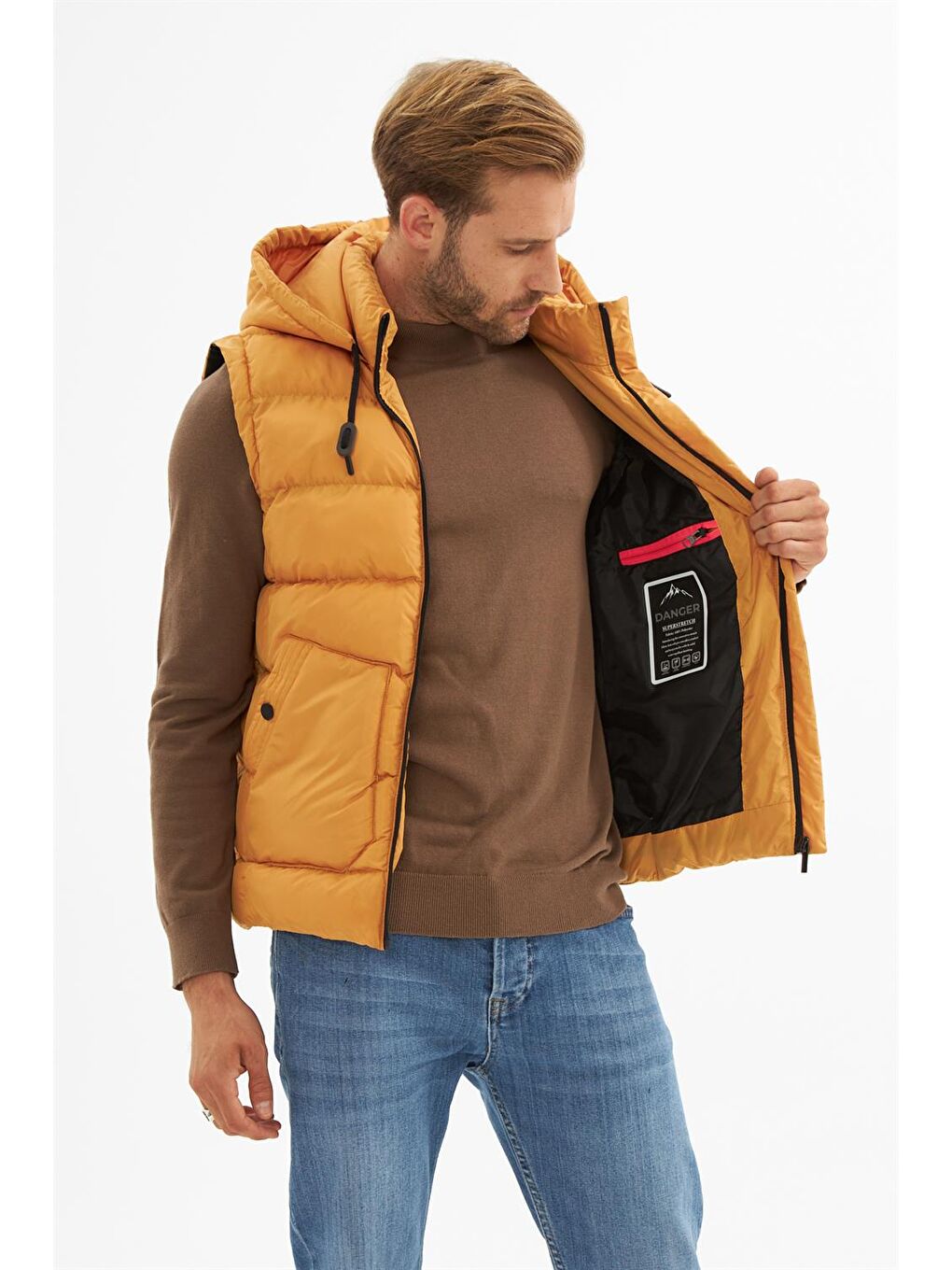 Sarı Erkek Çıkarılabilir Kapüşonlu Cep Detaylı Şişme Yelek Hardal-5