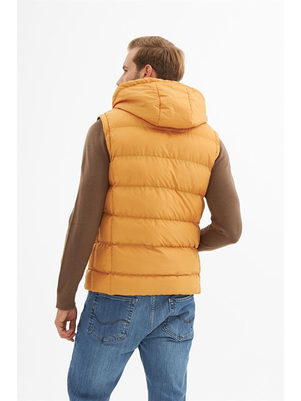 Sarı Erkek Çıkarılabilir Kapüşonlu Cep Detaylı Şişme Yelek Hardal-6