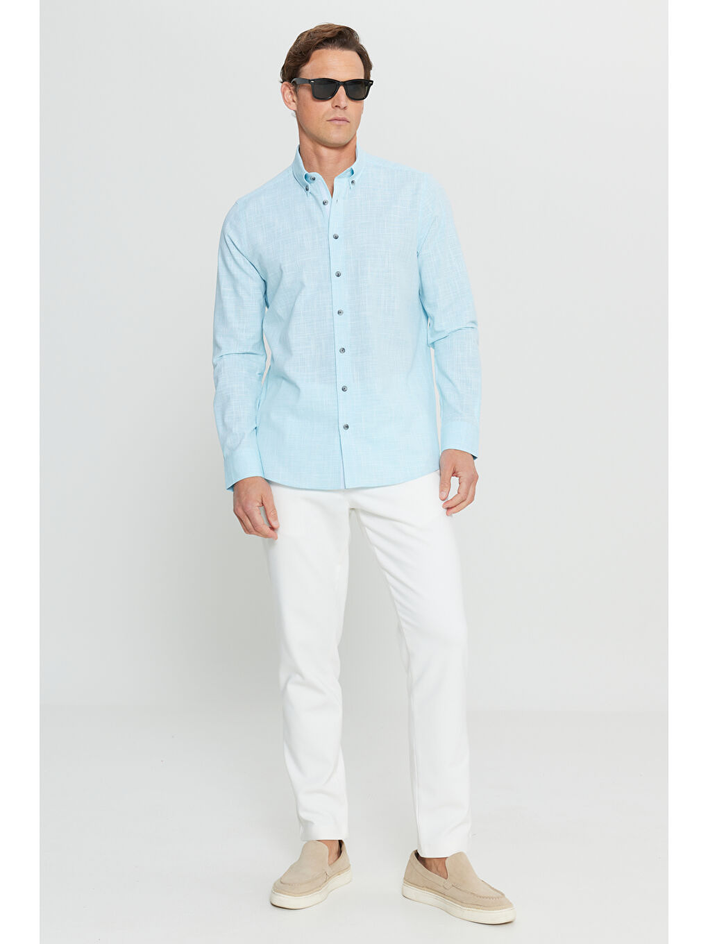 Erkek Turkuaz %100 Pamuk Slim Fit  Düğmeli Yaka Armürlü Flamlı Gömlek-1