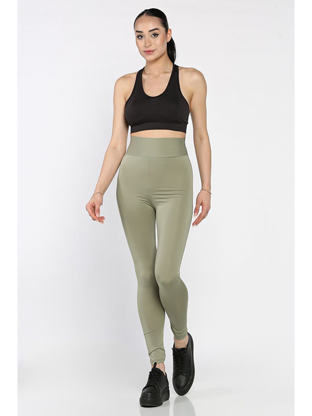 Haki Yüksek Bel Elastanlı Tayt-1