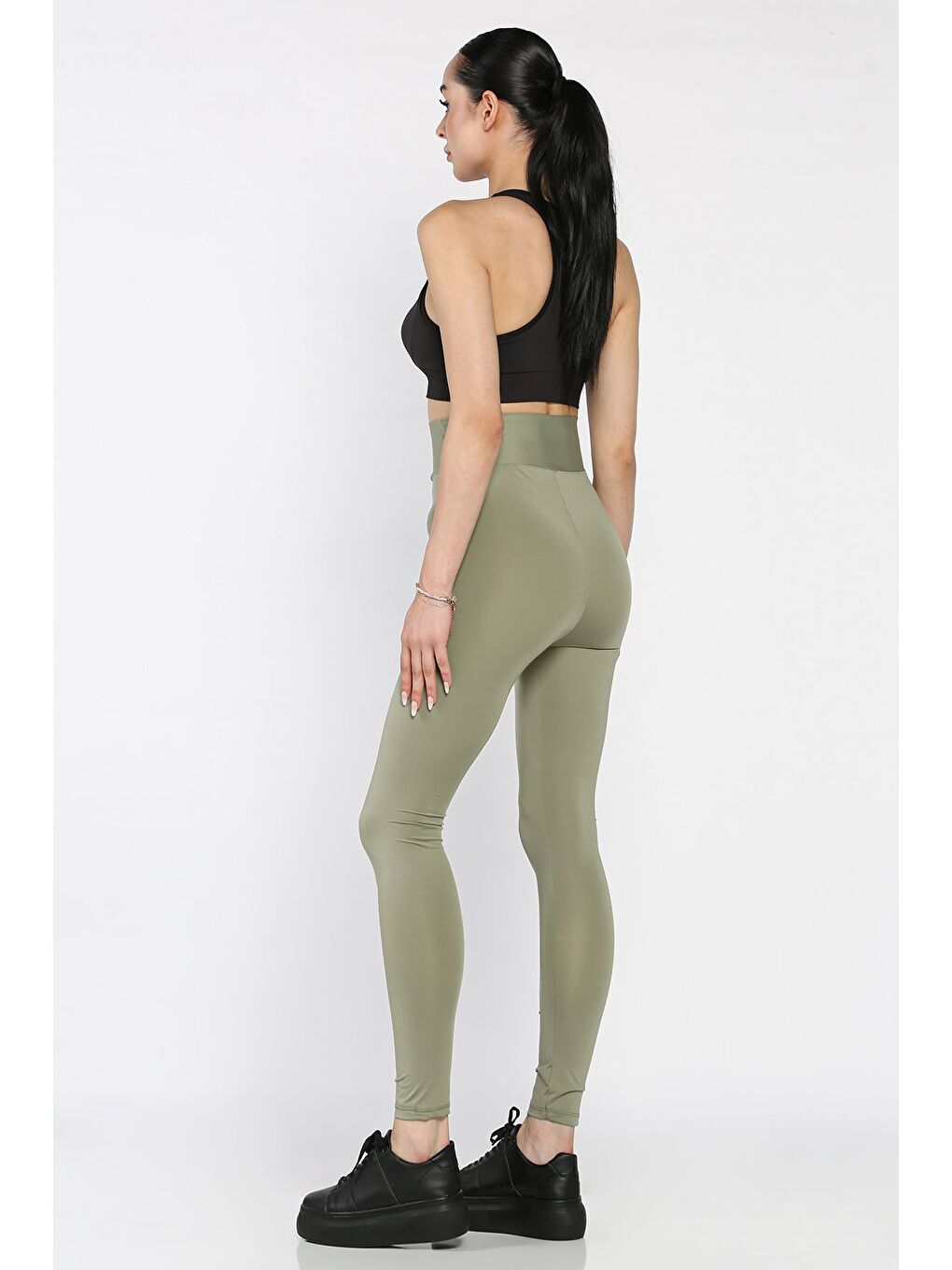 Haki Yüksek Bel Elastanlı Tayt-2