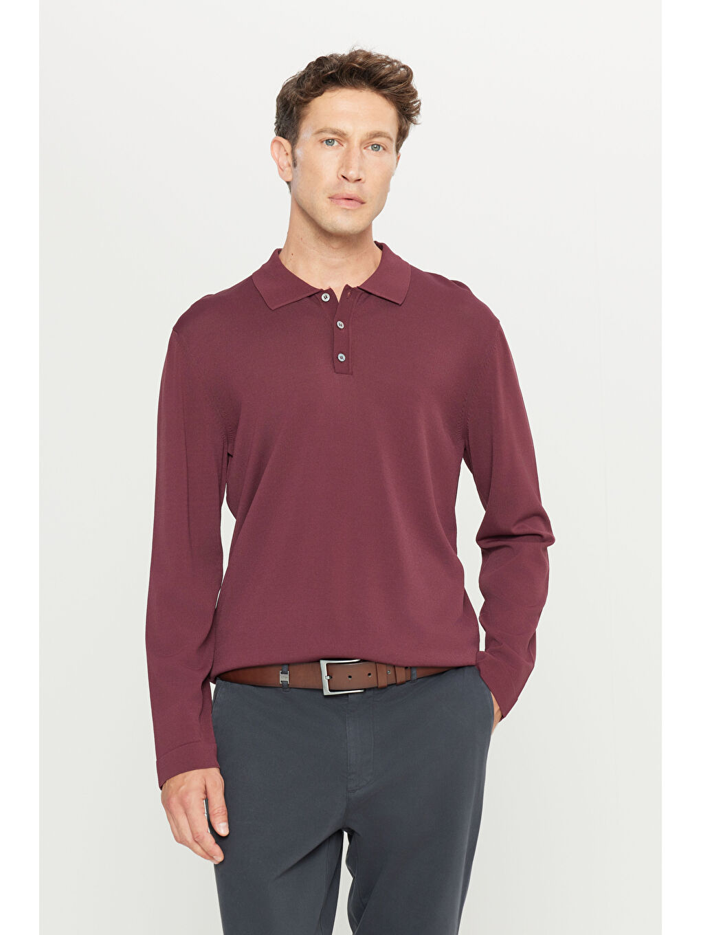 Erkek Bordo Standart Fit Normal Kesim Polo Yaka Basic Triko Kazak-2