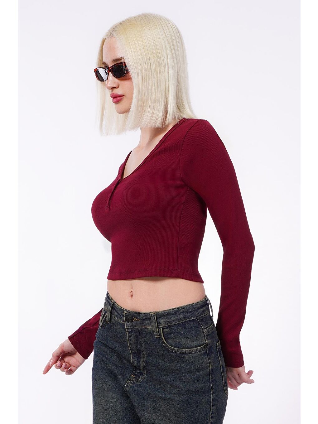 Bordo V Yaka Uzun Kollu Düğme Detaylı Kaşkorse Bodysuit Mg2194-10