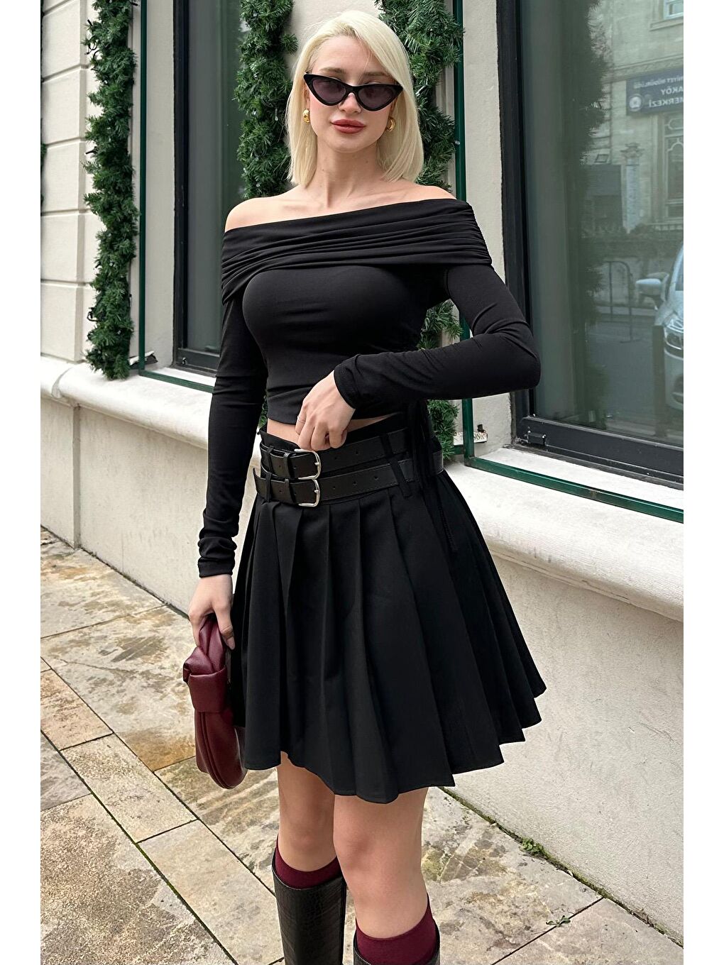 Siyah Büzgülü Kayık Yaka Kadın Bodysuit Mg2250-1