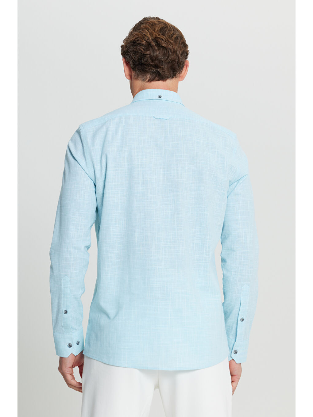 Erkek Turkuaz %100 Pamuk Slim Fit  Düğmeli Yaka Armürlü Flamlı Gömlek-4