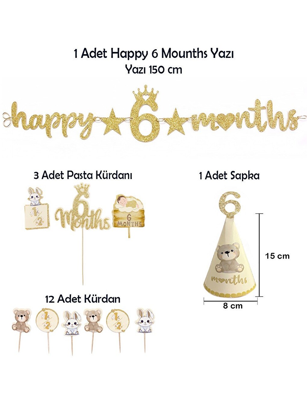 Sarı Happy 6 Months Banner 6 Ay Bebek Doğum Günü Parti Seti Gold-1