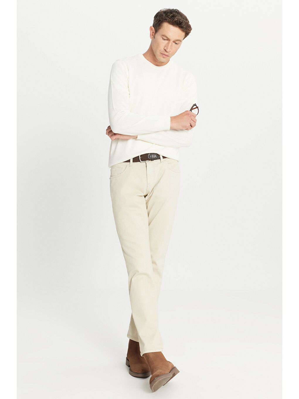 Erkek Ekru Yünlü Standart Fit Normal Kesim Bisiklet Yaka Triko Basic Kazak-1