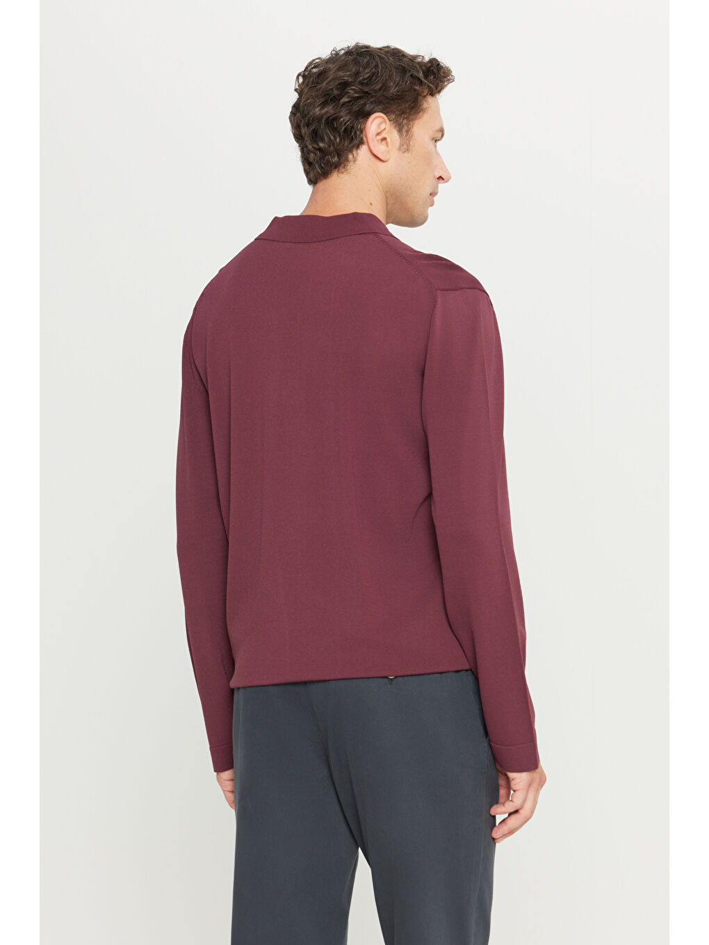 Erkek Bordo Standart Fit Normal Kesim Polo Yaka Basic Triko Kazak-4