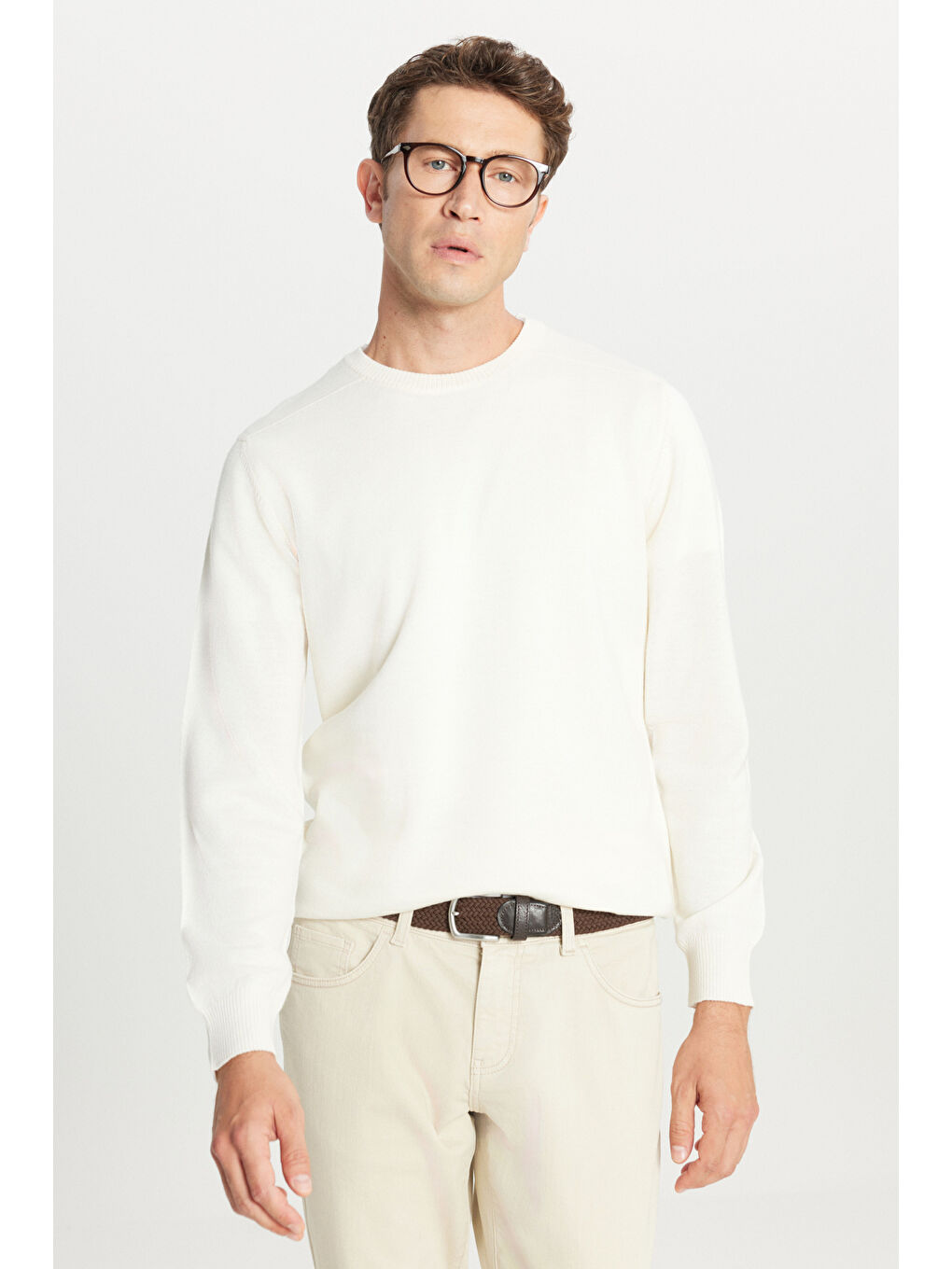 Erkek Ekru Yünlü Standart Fit Normal Kesim Bisiklet Yaka Triko Basic Kazak-2