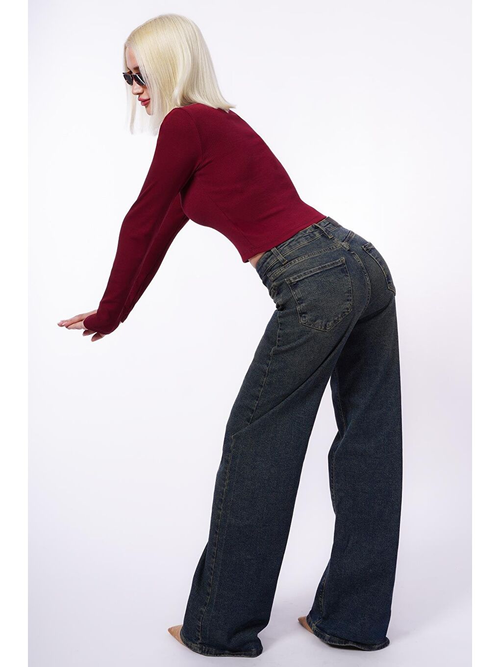 Bordo V Yaka Uzun Kollu Düğme Detaylı Kaşkorse Bodysuit Mg2194-11