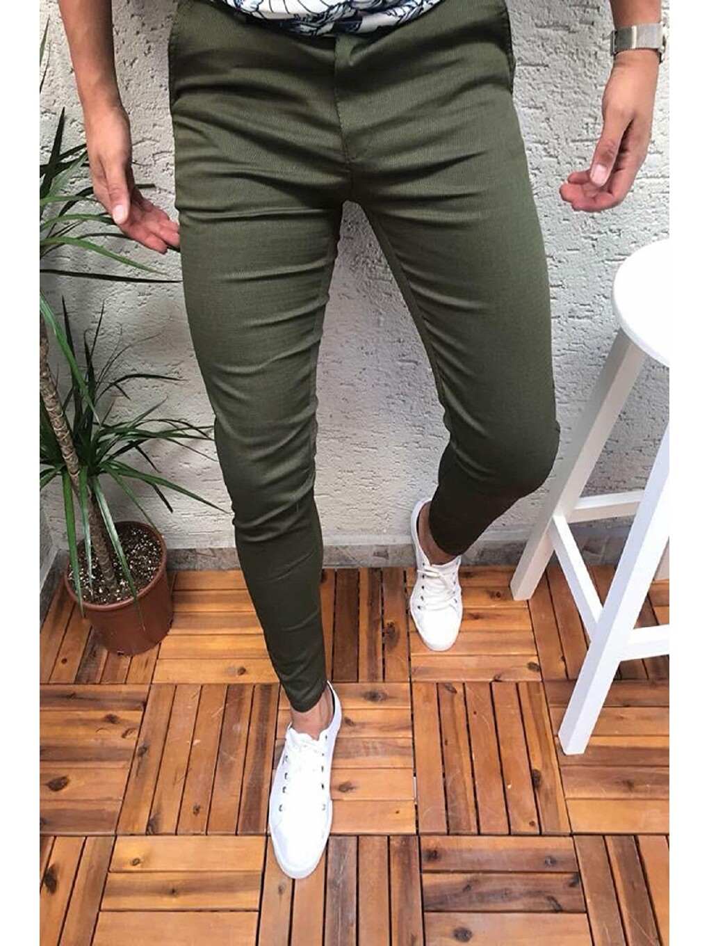 Haki Zooma Armül Desenli Slim Fit Elastanlı Keten Chino Pantolon