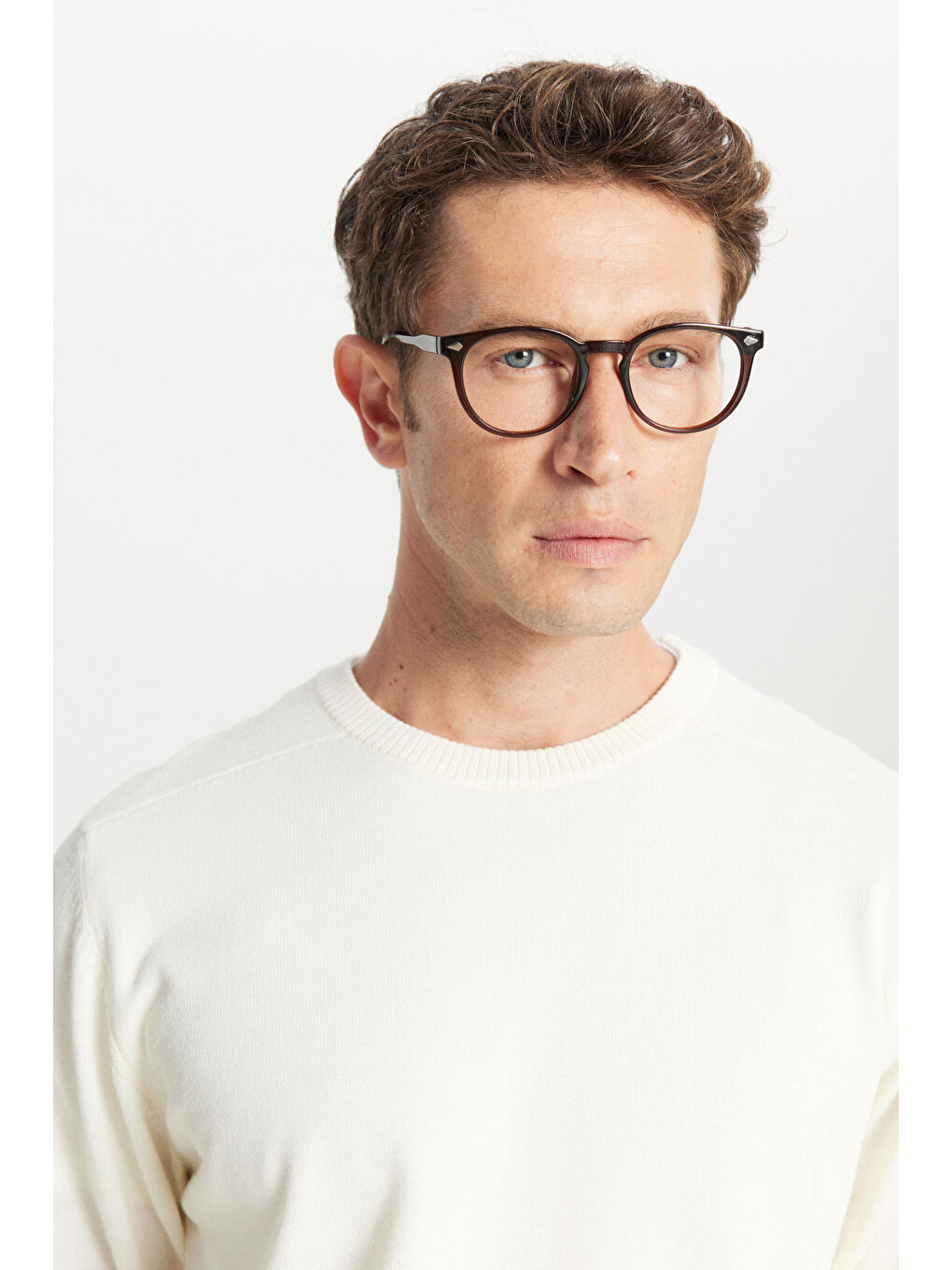 Erkek Ekru Yünlü Standart Fit Normal Kesim Bisiklet Yaka Triko Basic Kazak-3