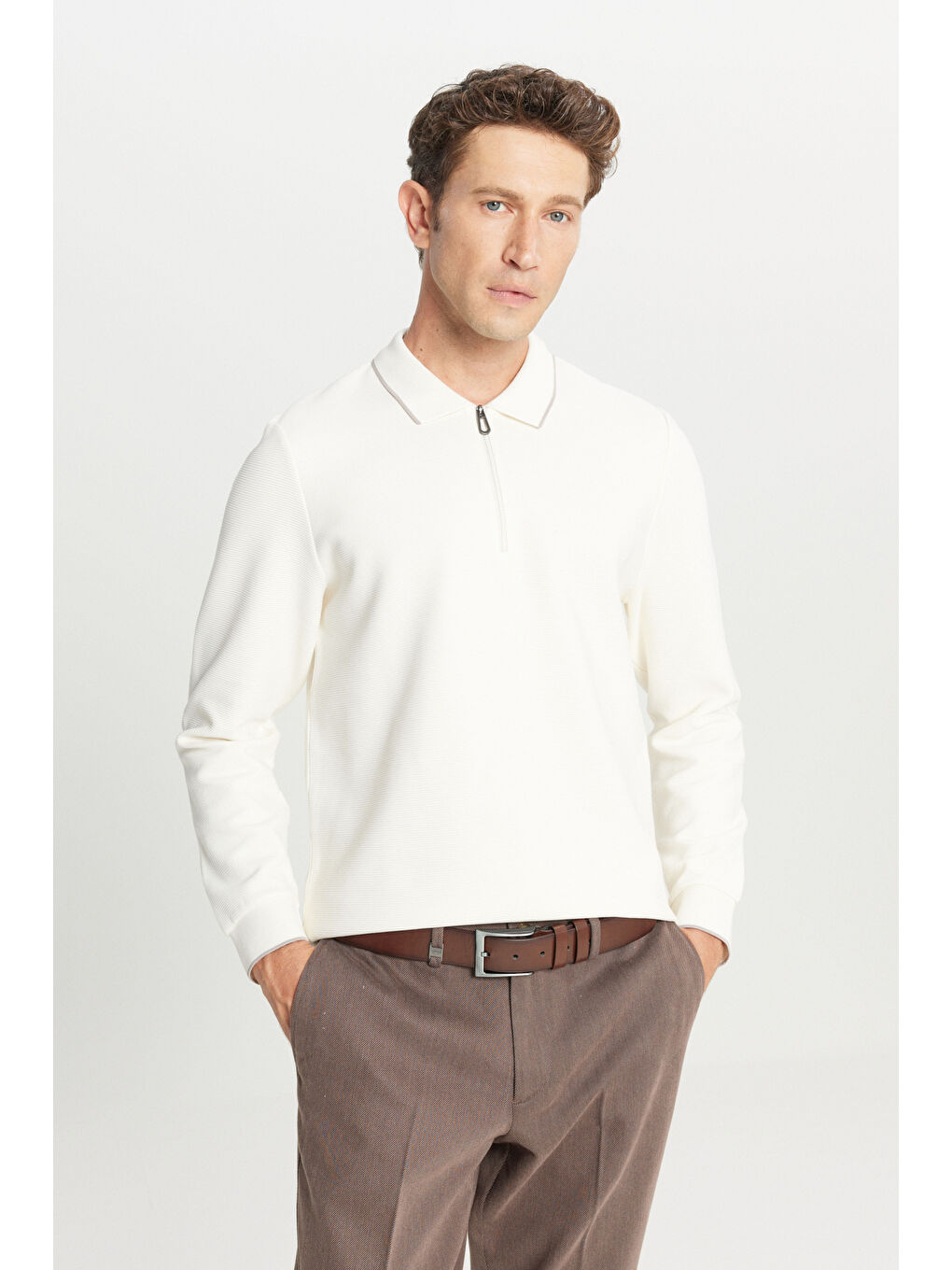 Erkek Ekru Pamuklu Slim Fit Dar Kesim Ottoman Desenli Esnek Polo Yaka Tişört