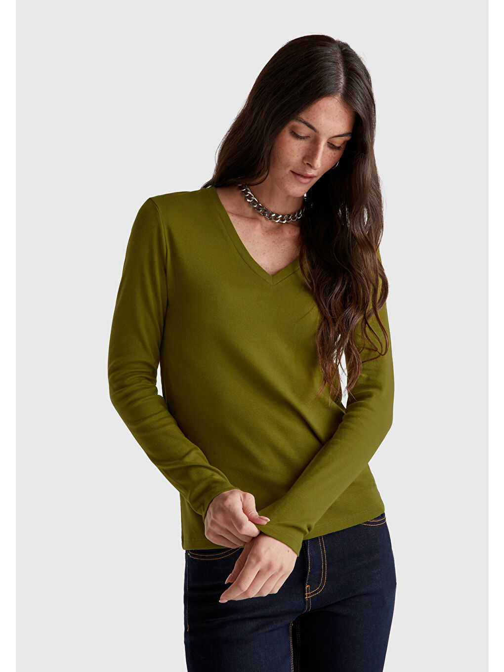 Kadın Haki Yeşili Basic V Yaka Uzun Kollu T-Shirt