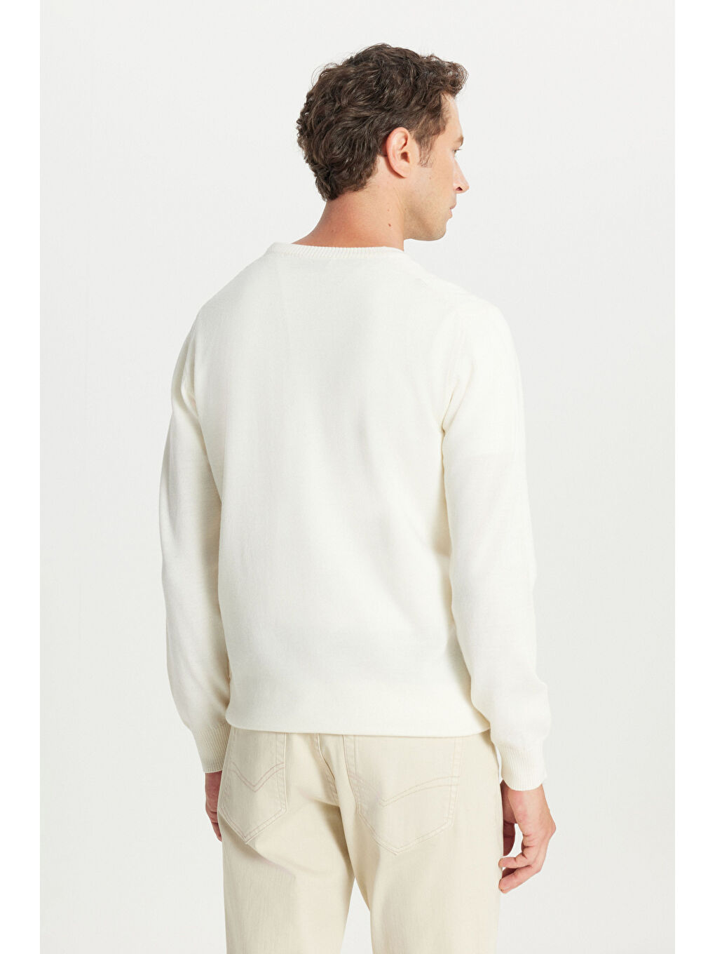 Erkek Ekru Yünlü Standart Fit Normal Kesim Bisiklet Yaka Triko Basic Kazak-4