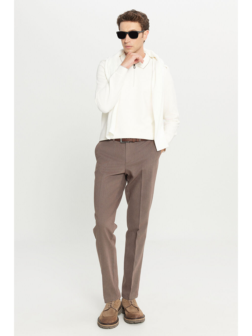 Erkek Ekru Pamuklu Slim Fit Dar Kesim Ottoman Desenli Esnek Polo Yaka Tişört-1