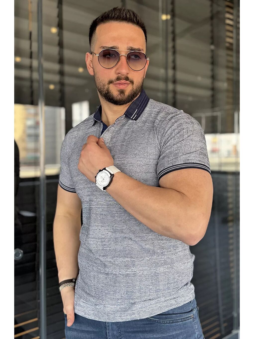 Lacivert Polo Yaka Ön Düğmeli Desenli Elastanlı Erkek Büyük Beden Tişört