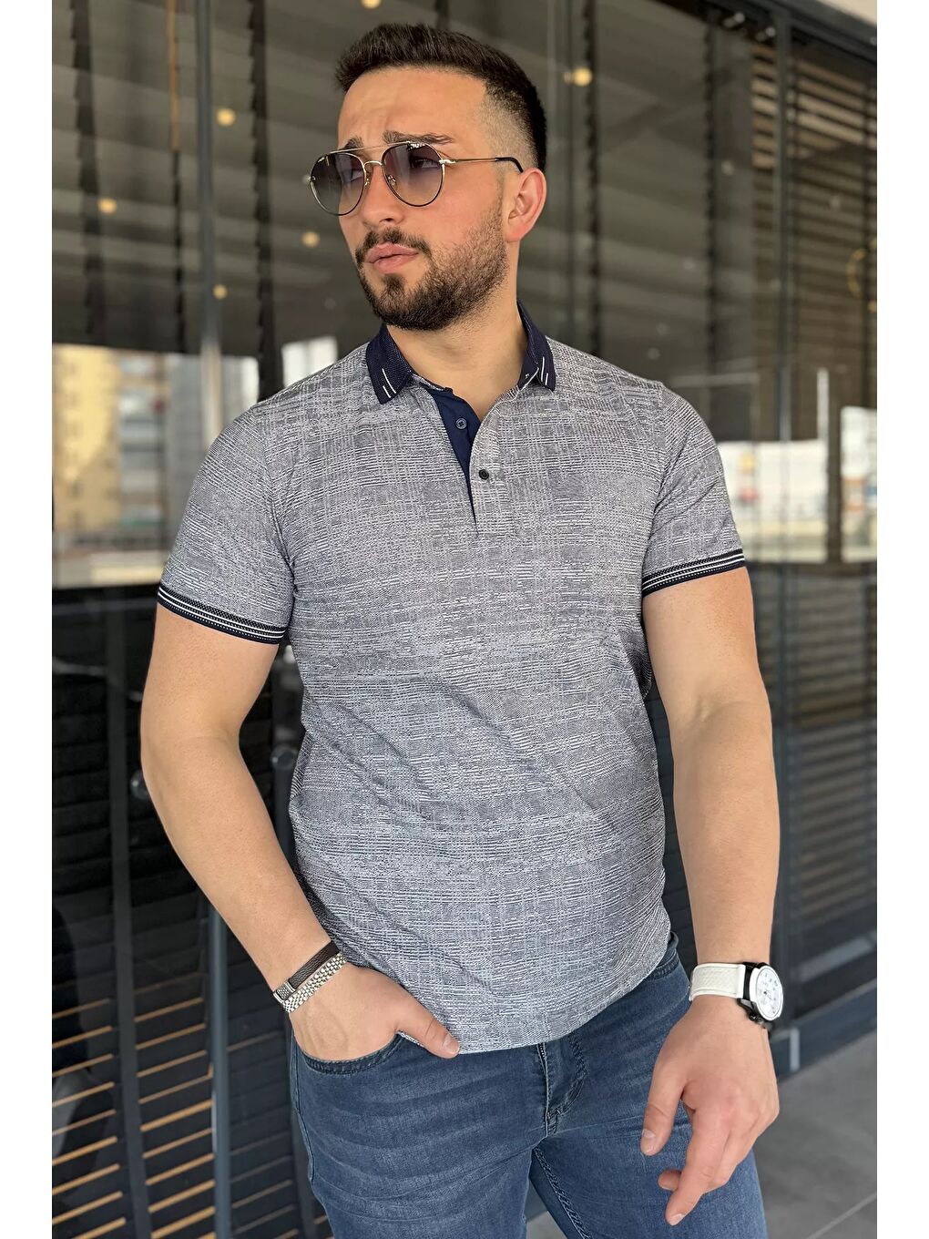 Lacivert Polo Yaka Ön Düğmeli Desenli Elastanlı Erkek Büyük Beden Tişört-1