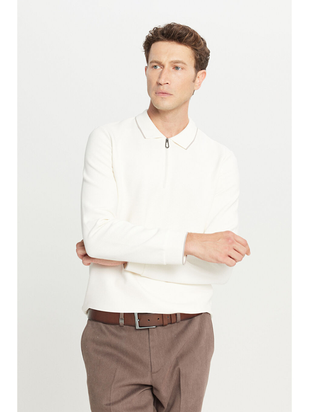 Erkek Ekru Pamuklu Slim Fit Dar Kesim Ottoman Desenli Esnek Polo Yaka Tişört-2