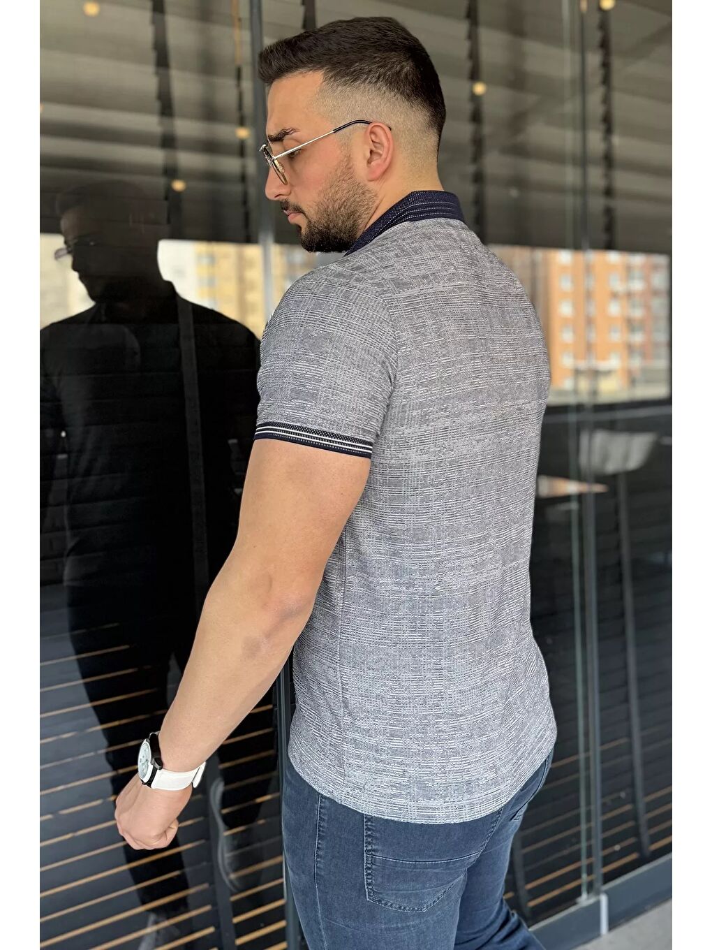 Lacivert Polo Yaka Ön Düğmeli Desenli Elastanlı Erkek Büyük Beden Tişört-2