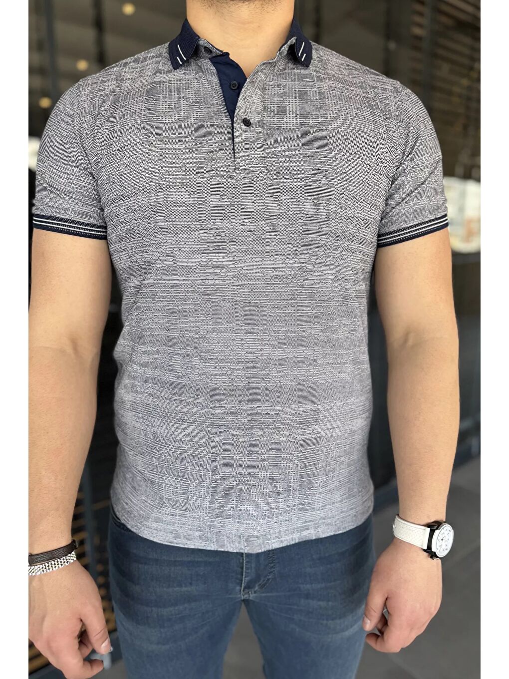 Lacivert Polo Yaka Ön Düğmeli Desenli Elastanlı Erkek Büyük Beden Tişört-3