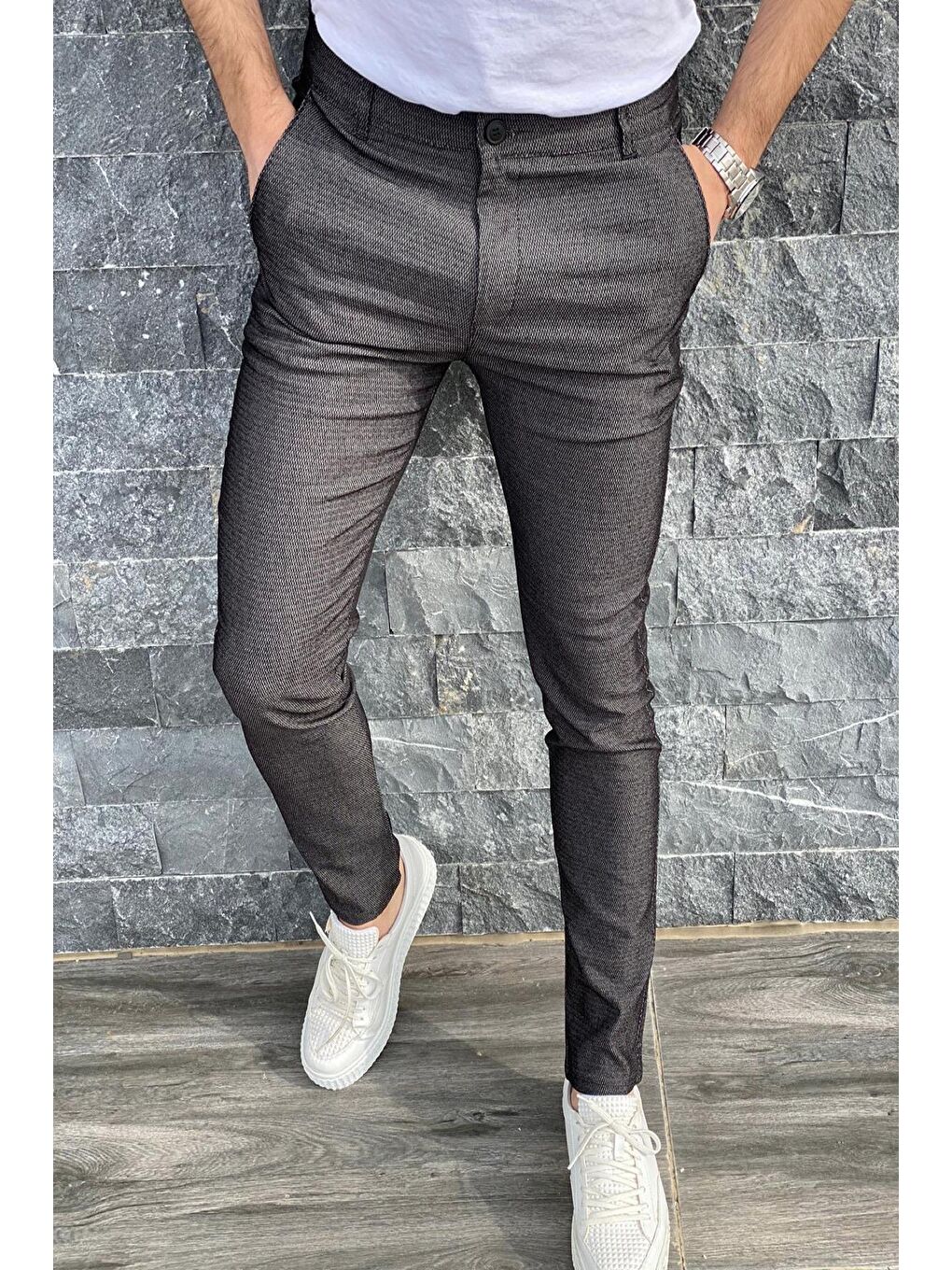Gri Zooma Armül Desenli Slim Fit Likralı Keten Chino Pantolon