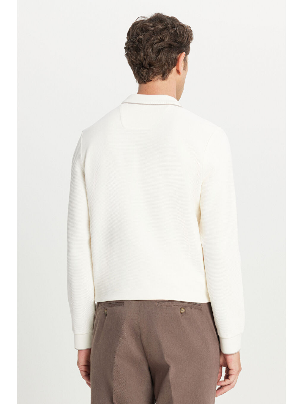 Erkek Ekru Pamuklu Slim Fit Dar Kesim Ottoman Desenli Esnek Polo Yaka Tişört-4