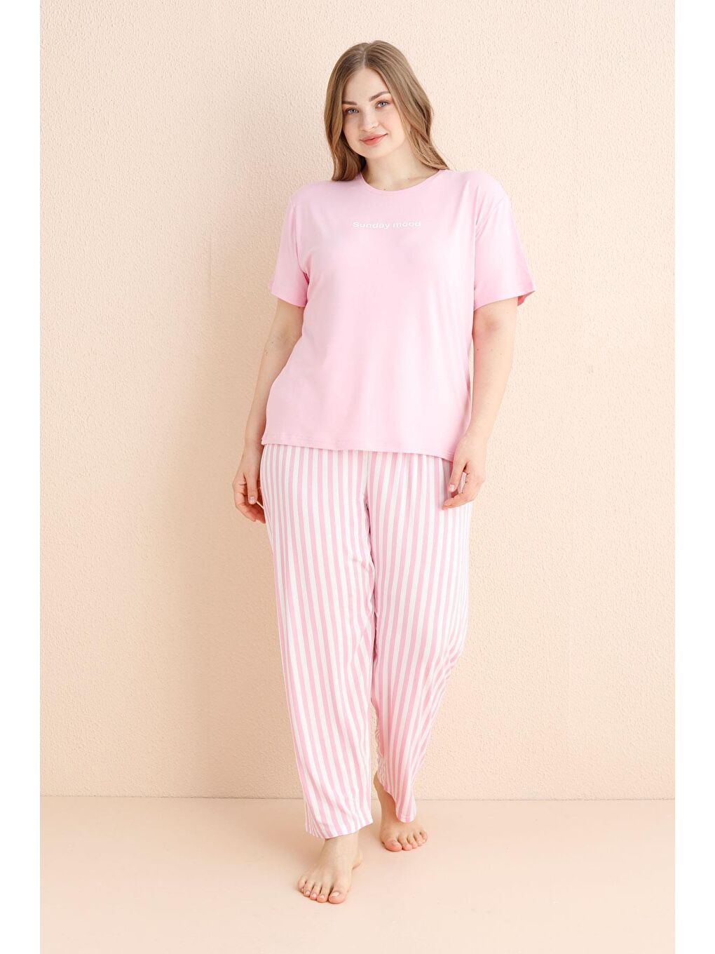 Kompedan Pembe Milan Bisiklet Yaka Battal Pijama Takım | 50502-19 - 1
