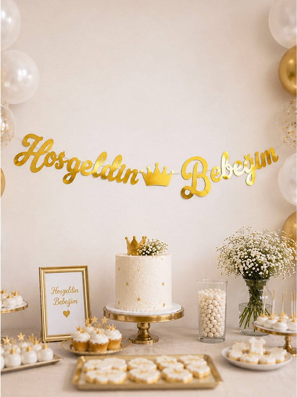 Sarı Hoşgeldin Bebeğim Yazılı Kaligrafi Banner Dekoratif Süs Altın