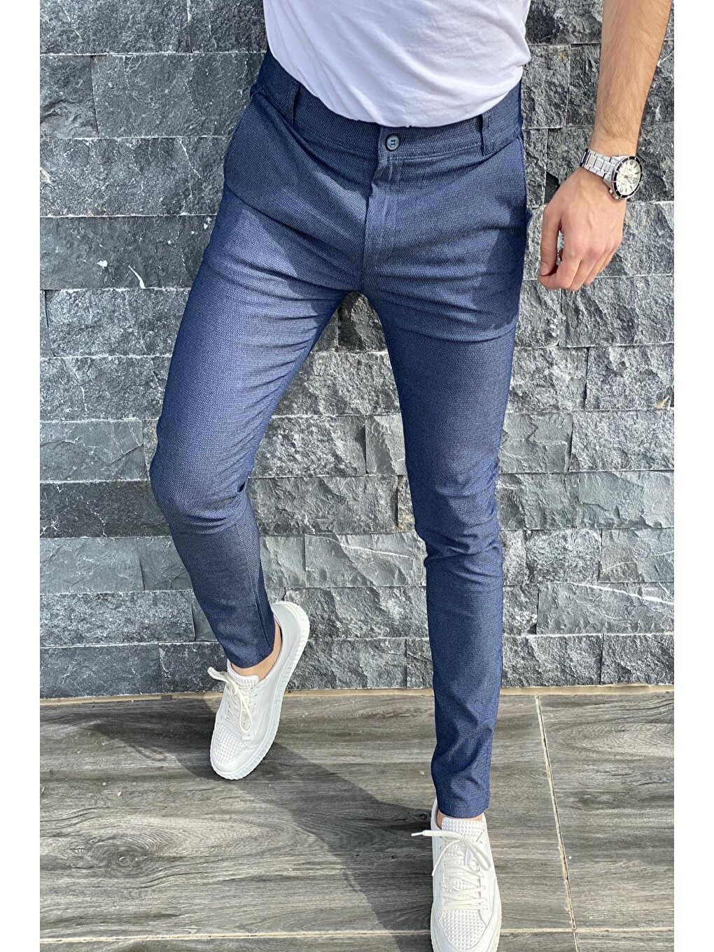 Mavi Zooma Armül Desenli Slim Fit Elastanlı Keten Chino Pantolon