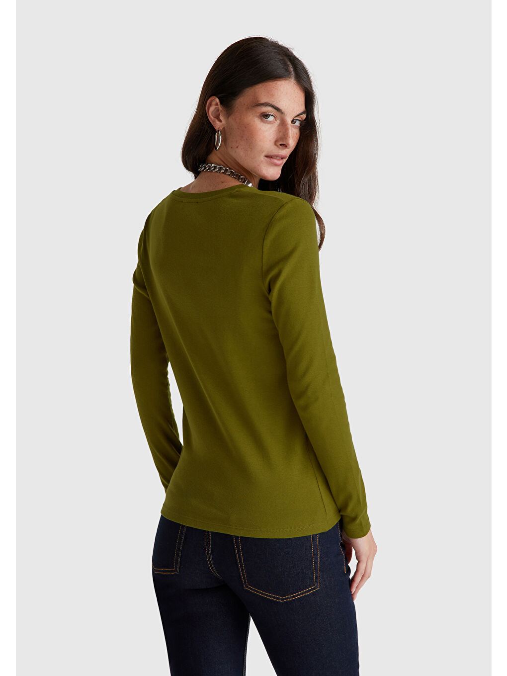 Kadın Haki Yeşili Basic V Yaka Uzun Kollu T-Shirt-2