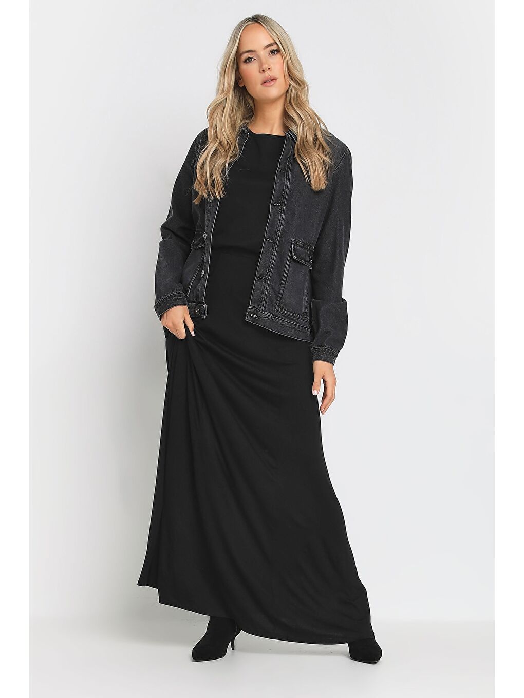 Siyah Büyük Beden Cepli Elastanlı Uzun Etek 194938-1