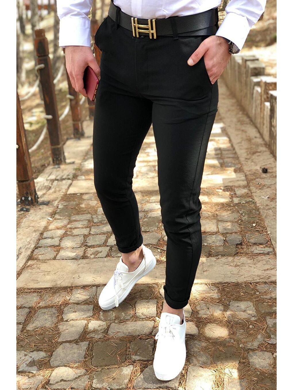 Siyah Zooma Armül Desenli Slim Fit Elastanlı Keten Chino Pantolon