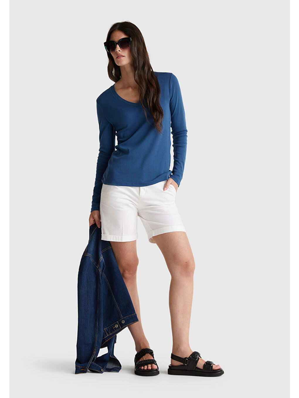 Kadın İndigo Mavisi Basic V Yaka Uzun Kollu T-Shirt-4