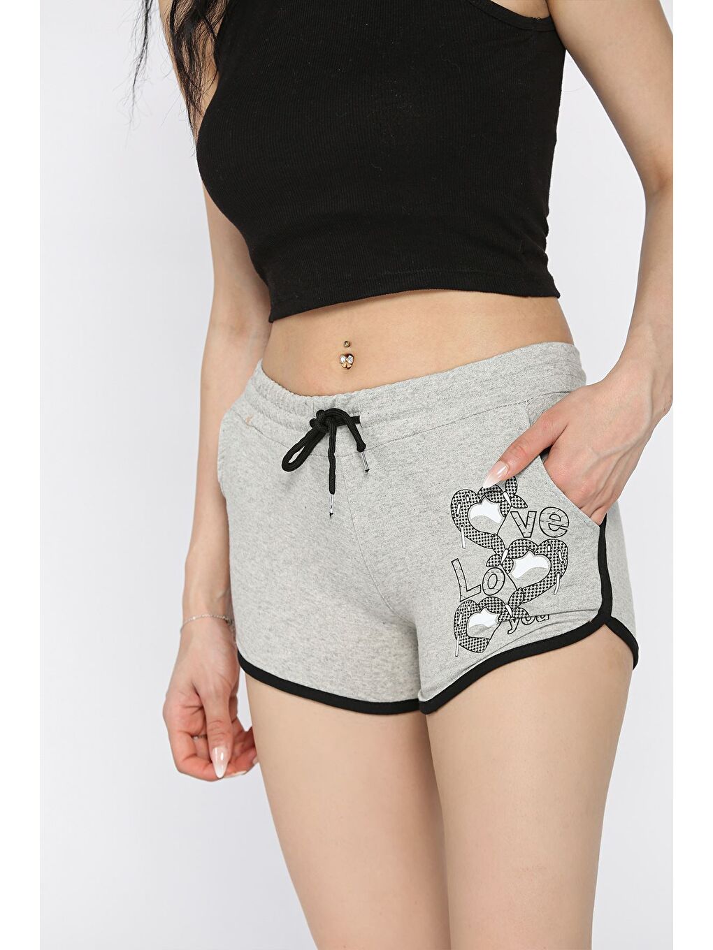 Gri Baskılı Kadın Mini Şort-2