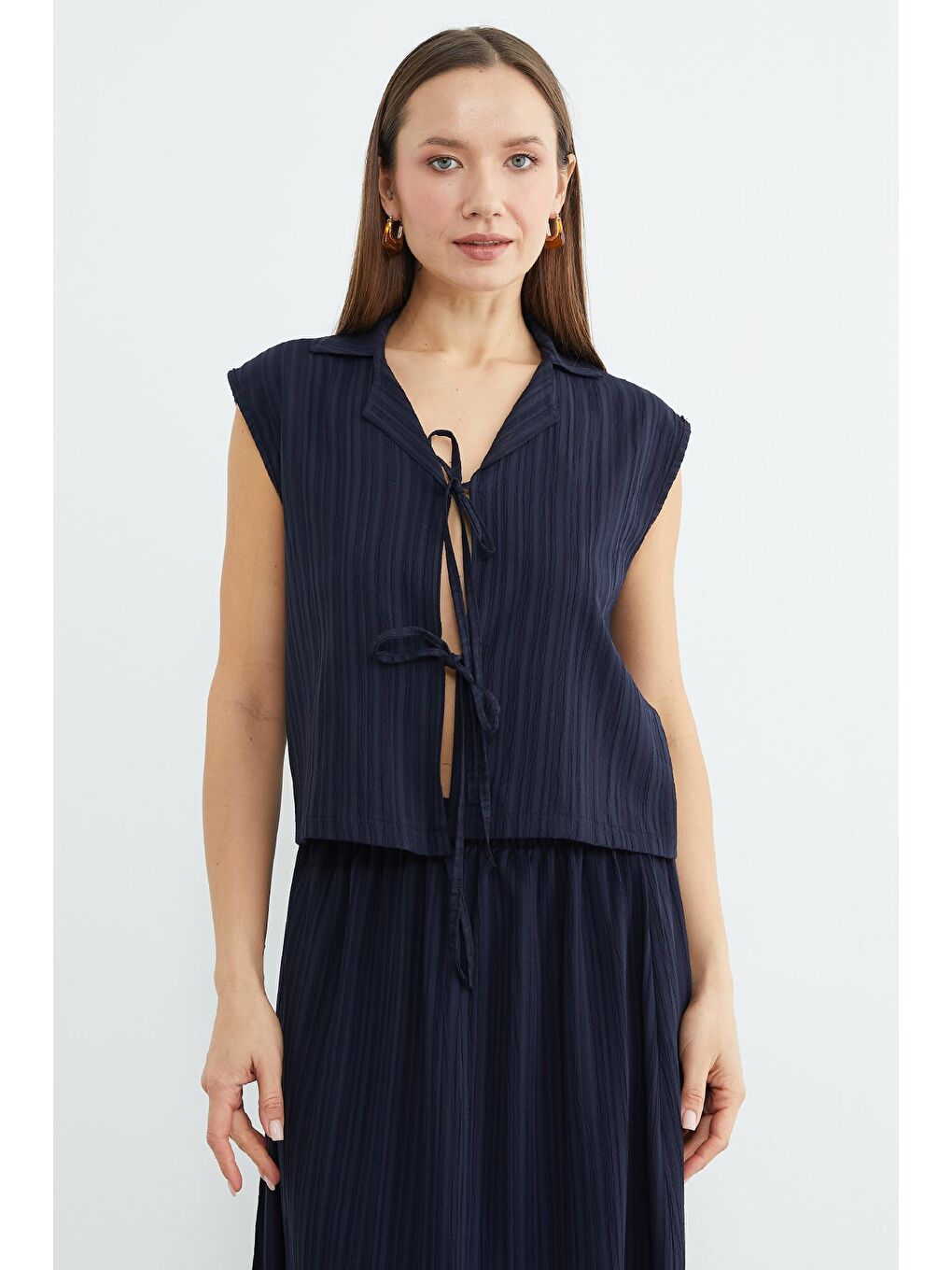 Lacivert Önü Bağlamalı Jakarlı Etekli 2 Li Takım-4