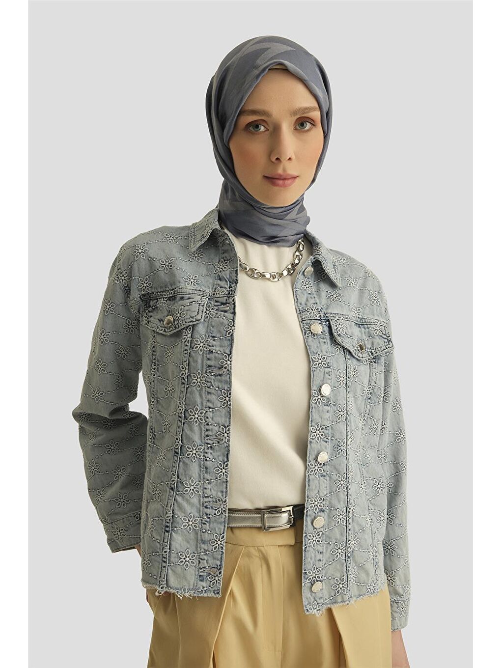 Fisto İşlemeli Denim Ceket 25Yd9119 Mavi