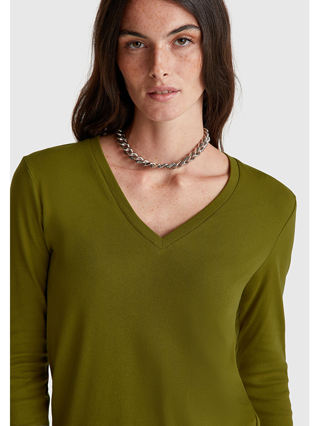 Kadın Haki Yeşili Basic V Yaka Uzun Kollu T-Shirt-4