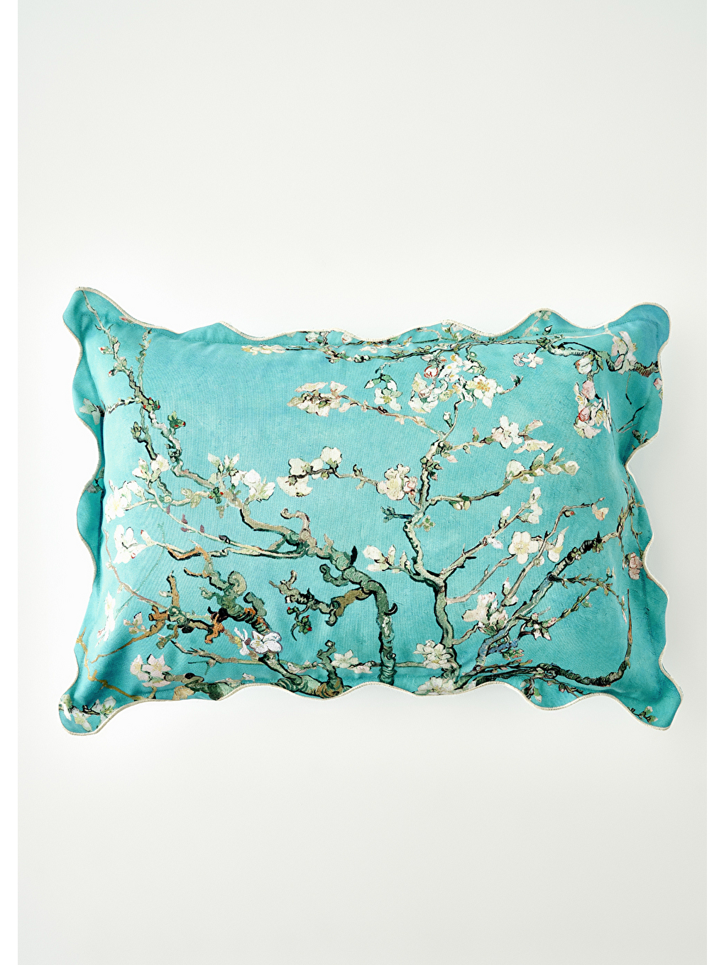 Van Gogh Almond Blossom Pamuklu Scallop Dekoratif Yastık Kılıfı Turkuaz (35x50 Cm)