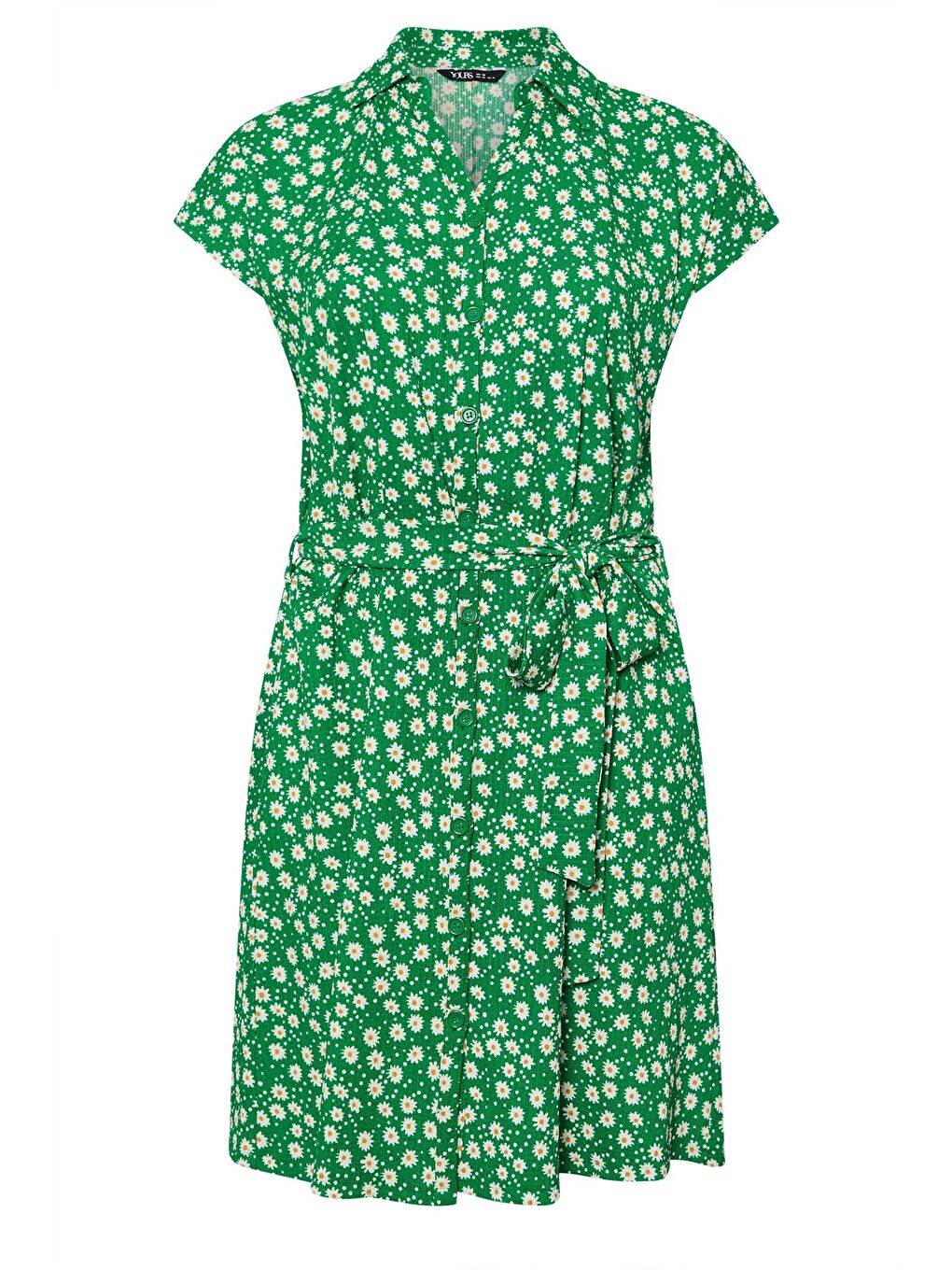 Yeşil Büyük Beden Polo Yaka Kısa Kollu Çiçek Desenli Düğme Detaylı Kuşaklı Elbise 303328-5