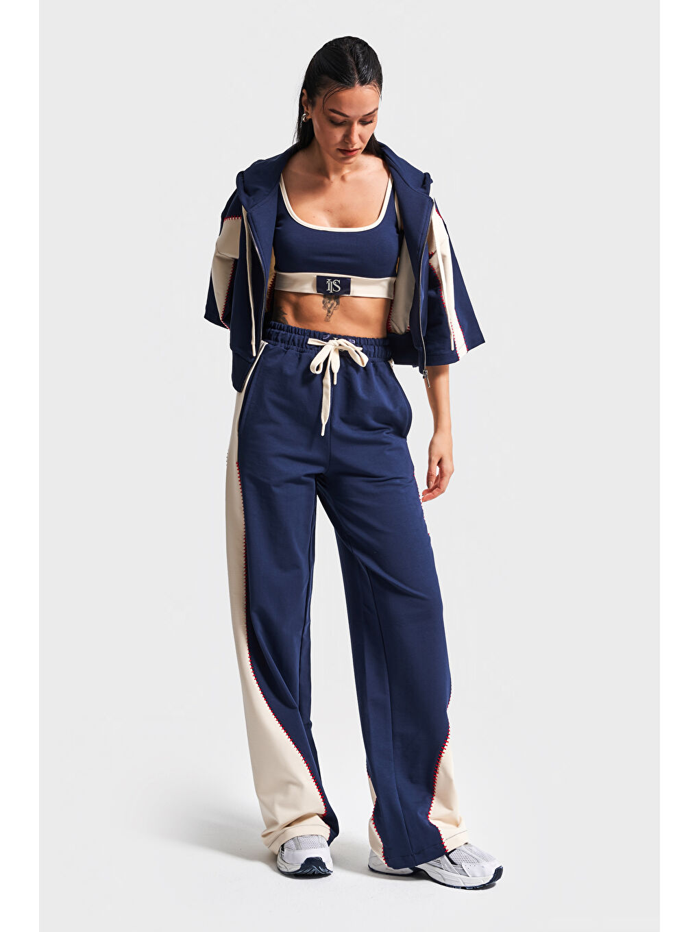 Kadın Lacivert Renk S5-56 Örme Kumaş Eşofman Sporcu Üstü Sweatshirt 3'lü Takım Kombin