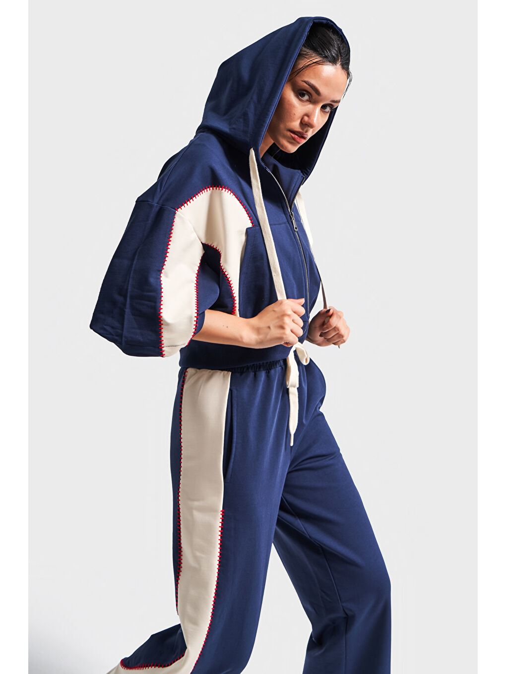 Kadın Lacivert Renk S5-56 Örme Kumaş Eşofman Sporcu Üstü Sweatshirt 3'lü Takım Kombin-1