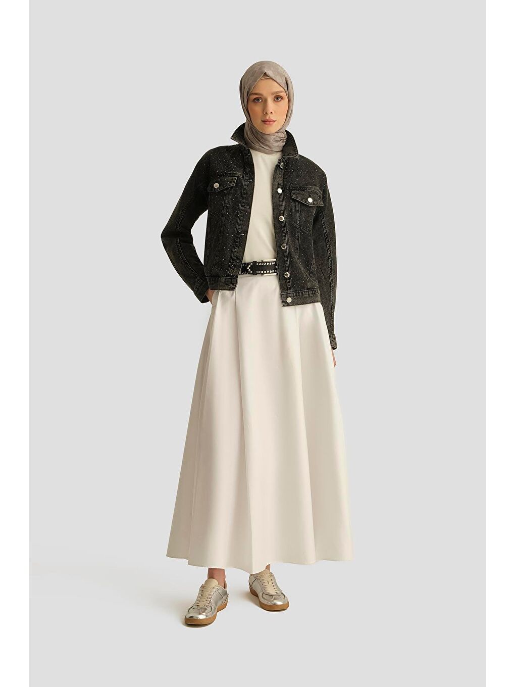 Gri Taş İşlemeli Denim Ceket 25Yd9117 Antrasit-1