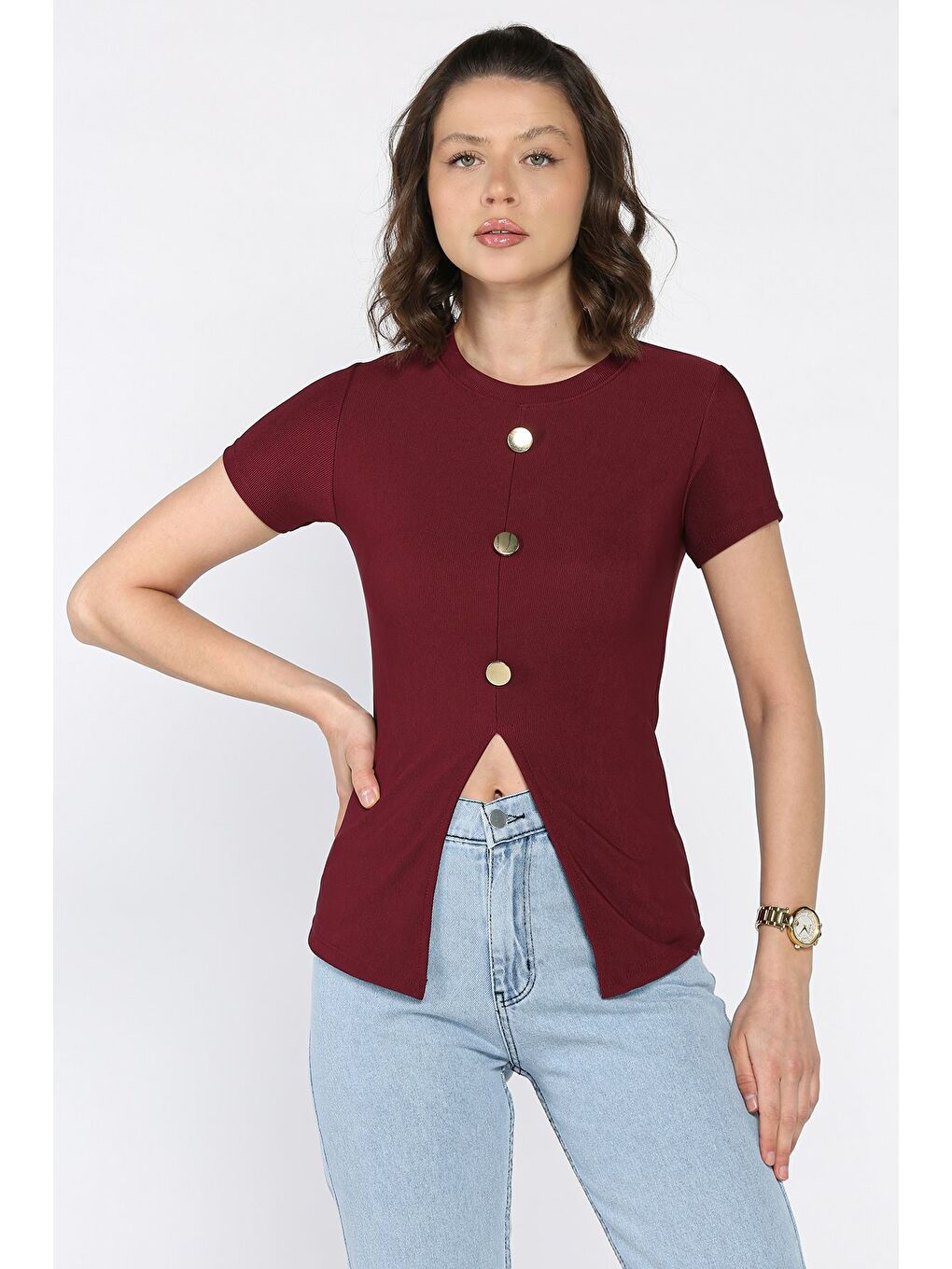 Mürdüm Gold Düğme Detaylı Yırtmaçlı Ottoman Kumaş Tarz Bluz