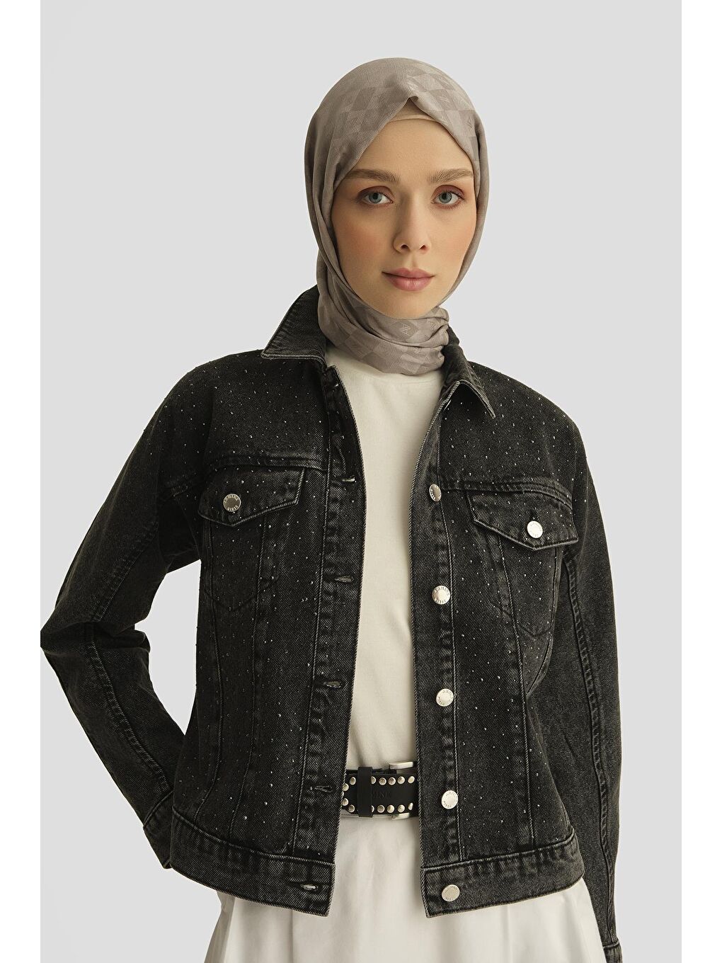 Gri Taş İşlemeli Denim Ceket 25Yd9117 Antrasit-2
