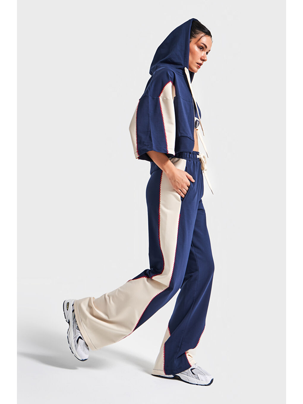 Kadın Lacivert Renk S5-56 Örme Kumaş Eşofman Sporcu Üstü Sweatshirt 3'lü Takım Kombin-3