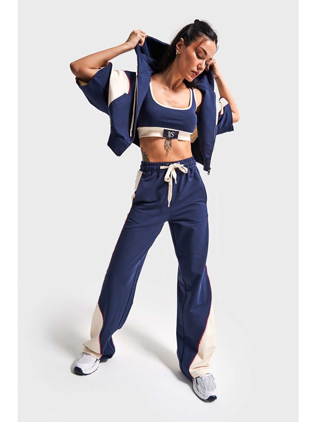 Kadın Lacivert Renk S5-56 Örme Kumaş Eşofman Sporcu Üstü Sweatshirt 3'lü Takım Kombin-4