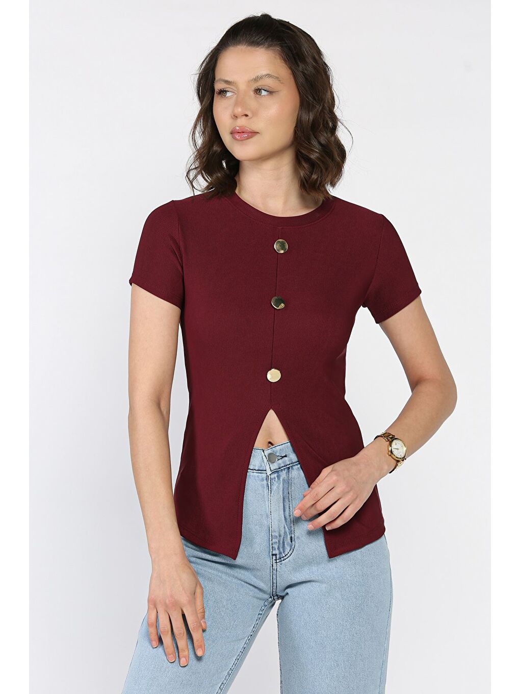 Mürdüm Gold Düğme Detaylı Yırtmaçlı Ottoman Kumaş Tarz Bluz-1